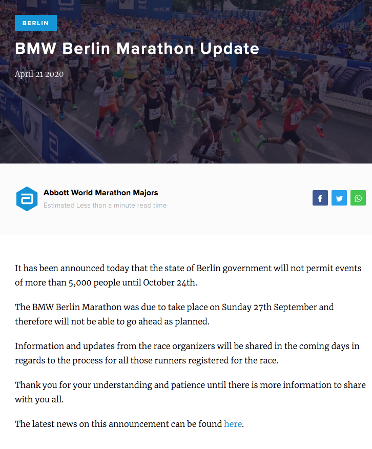 Cancelada a Maratona de Berlim 2020